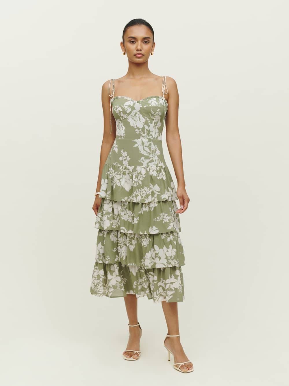 reformation kesia floral tiered ruffled tie strap midi dress